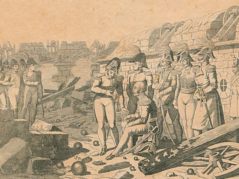 Maarschalk Gérard en de Franse prinsen betuigen generaal Chassé hun respect temidden van de ruïnes van de citadel. (Stadsarchief Antwerpen)