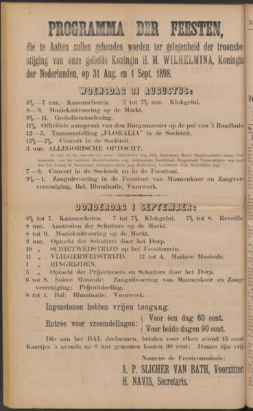 Programma Kroningsfeest Wilhelmina - Aaltensche Courant, 20-08-1898