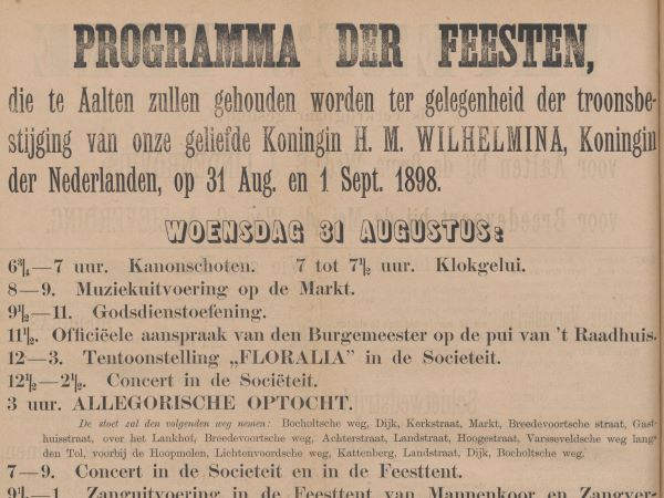Programma Kroningsfeest Wilhelmina - Aaltensche Courant, 20-08-1898