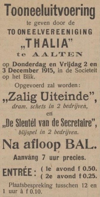 Toneelvereniging Thalia, Aalten - Aaltensche Courant, 24-11-1915