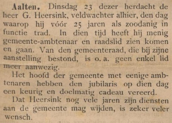 Veldwachter Heersink, 25-jarig ambtsjubileum - Weekblad voor Aalten, Breedevoort, enz. 27-02-1897