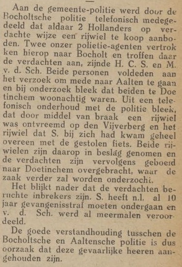 Samenwerking politie Aalten-Bocholt - Nieuwe Winterswijksche Courant, 19-03-1926