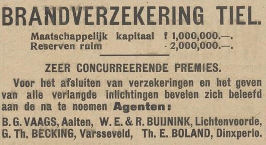 Brandverzekering Tiel (Vaags) - Aaltensche Courant, 02-04-1926