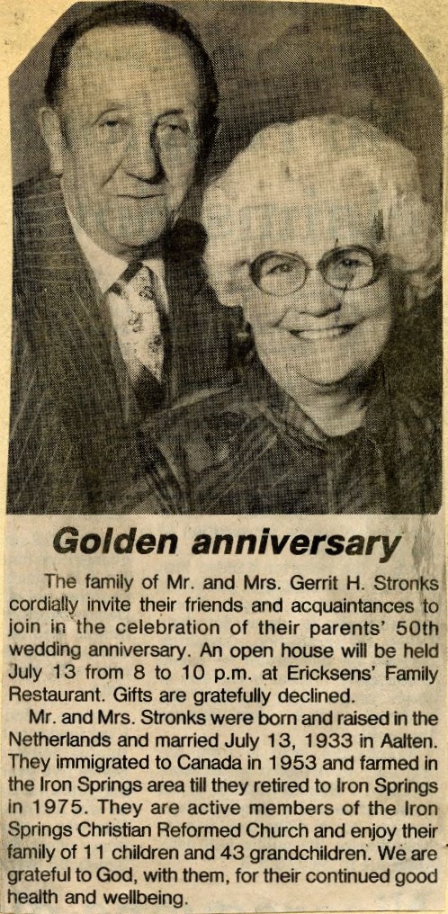 50-jarig huwelijk fam. Stronks, Iron Springs, Alberta, 1983