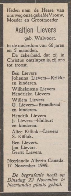 Aaltjen Lievers-Walvoort, Canada - Aaltensche Courant, 25-11-1949