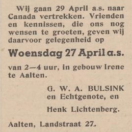 Bulsink, Lichtenberg, Aalten, Canada - Aaltensche Courant, 26-04-1949