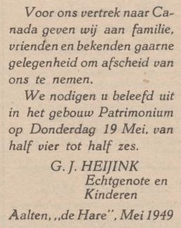 G.H. Heijink, De Hare, Aalten, Canada - Aaltensche Courant, 17-05-1949