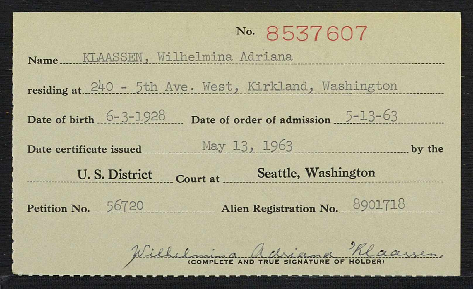 Wilhelmina Adriana Klaassen-Bulten - Naturalisatie VS staatsburger, 13-05-1963