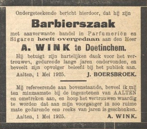 Barbierszaak Boersbroek - Aaltensche Courant, 05-05-1925