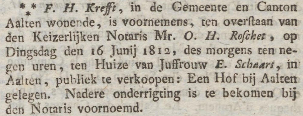 Notaris Roschet, Aalten - Staatkundig Dagblad van het Departement van den Boven-Ĳssel, 13 juni 1812