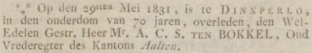 Overlijden Mr. A.C.S. ten Bokkel - Opregte Haarlemsche Courant, 14-06-1831