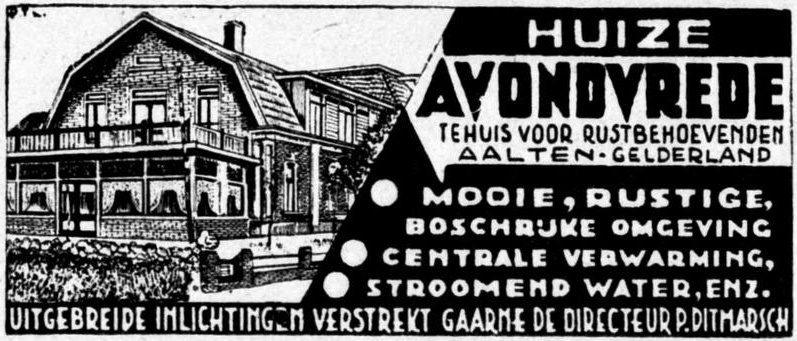 Advertentie voor 'Huize Avondvrede', door Piet te Lintum