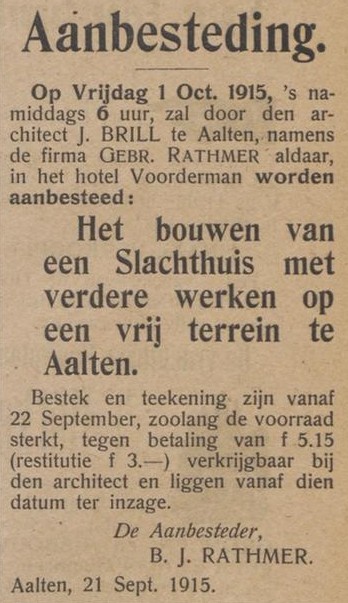 Aanbesteding slachthuis Rathmer, architect J. Brill - Aaltensche Courant, 22-09-1915