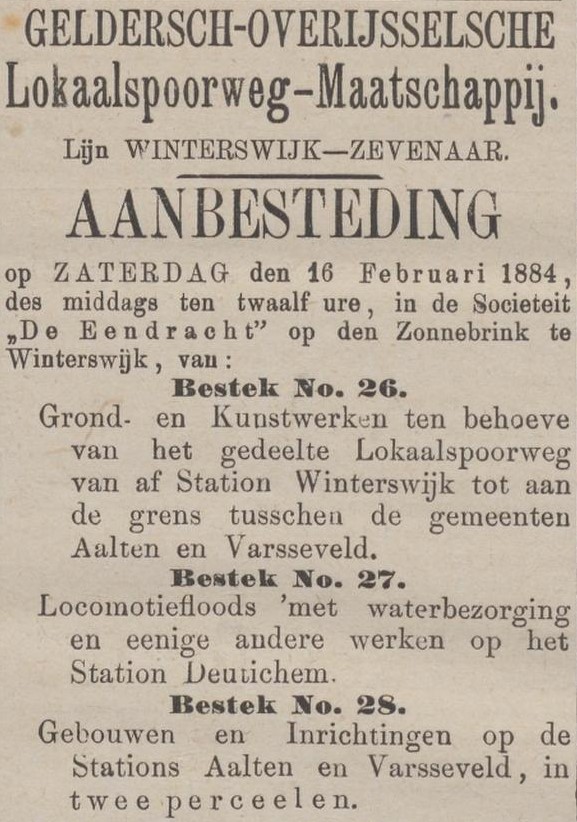 Aanbesteding station Aalten - Zutphensche Courant, 28-01-1884