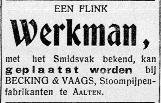 Becking & Vaags, stoompijpenfabrikanten (werkman gevraagd) - Graafschapbode, 21-01-1903