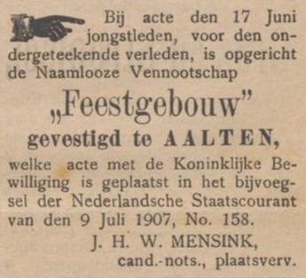 Feestgebouw Aalten - Aaltensche Courant, 13-07-1907