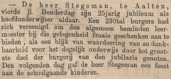 Jubileum hoofdonderwijzer Stegeman, Aalten - Zutphensche Courant, 26-08-1879