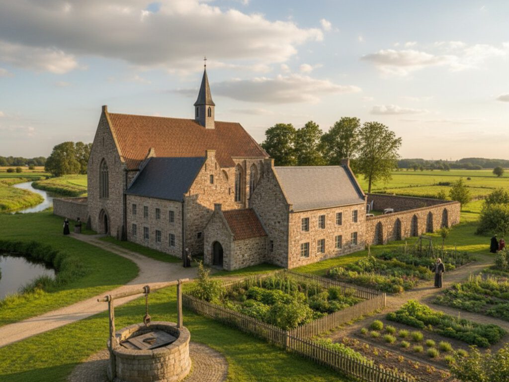 Illustratie van het klooster Schaer bij Bredevoort naar aanleiding van een gereconstrueerde plattegrond, gebaseerd op historische bronnen en archeologische gegevens, gemaakt met AI door Paul van Druten
