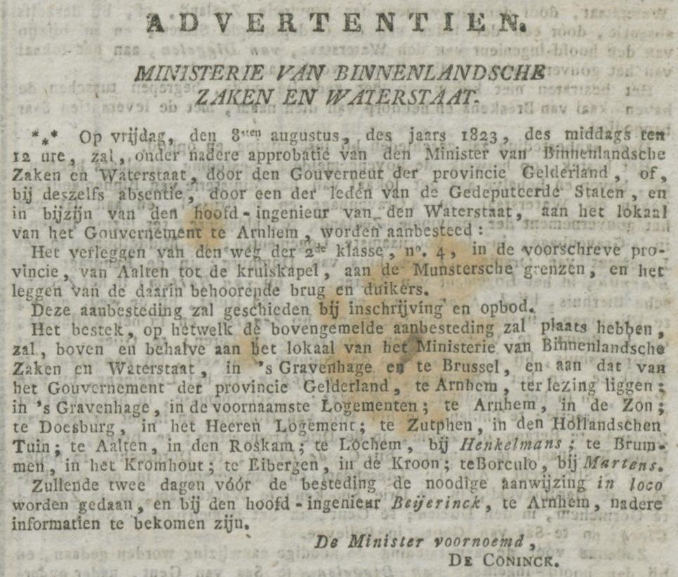 Logement De Roskam, Aalten - Nederlandsche Staatscourant, 19-07-1823