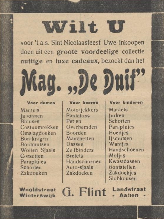 Magazijn 'De Duif', Landstraat - Nieuwe Aaltensche Courant, 02-12-1921
