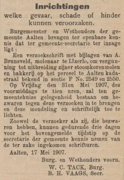Molen Brunsveld, IJzerlo - Aaltensche Courant, 29-05-1907