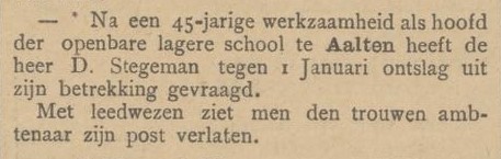 Ontslag D. Stegeman, OLS Aalten - Arnhemsche Courant, 24-10-1899