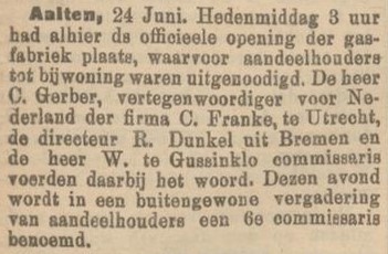 Opening Gasfabriek Aalten - Zutphensche Courant, 26-06-1907