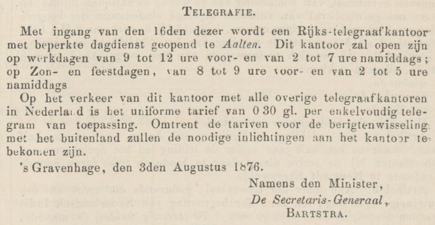 Opening Telegraafkantoor Aalten - Nederlandsche Staatscourant, 05-08-1876