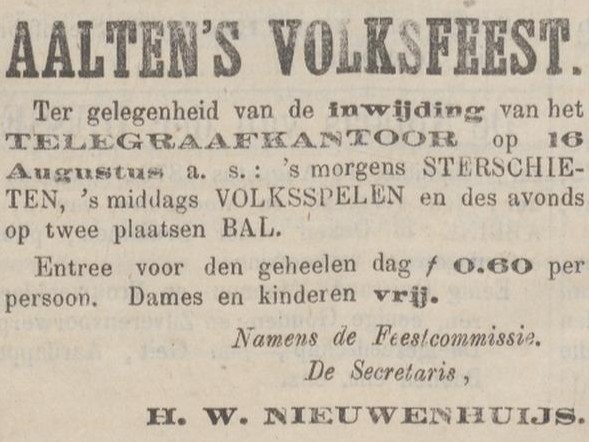 Opening Telegraafkantoor Aalten - Zutphensche Courant, 12-08-1876