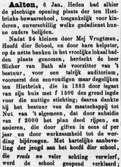 Opening Ten Hietbrinks Bewaarschool, Aalten - Graafschapbode, 08-01-1887