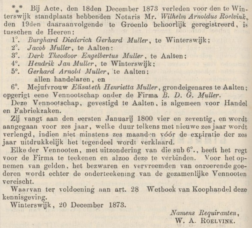 Oprichting vof B.D.G. Muller - Staatscourant, 23-12-1873