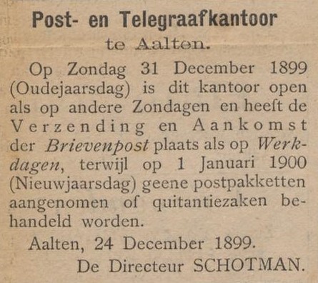Post- en Telegraafkantoor Aalten - Aaltensche Courant, 30-12-1899