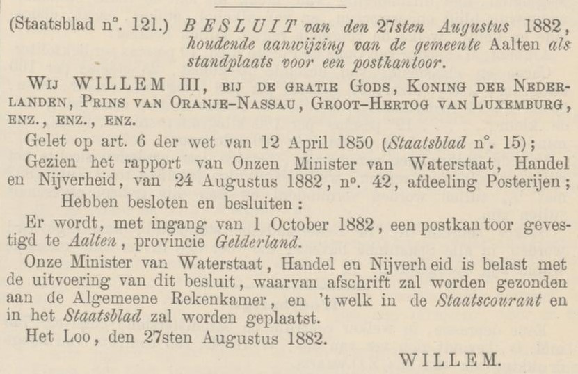 Postkantoor Aalten - Staatscourant, 02-09-1882