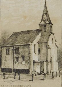 De Sint-Joriskerk in de 19e eeuw, toen nog bepleisterd, door P.A. Schipperus