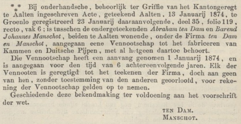 Ten Dam & Manschot - Nederlandsche Staatscourant, 02-03-1874