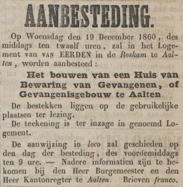 Aanbesteding Gevangenis Aalten - Zutphensche Courant, 08-12-1860