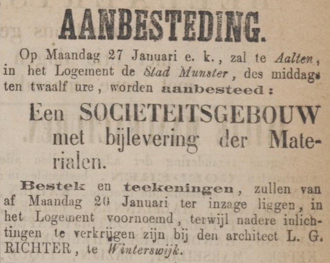 Aanbesteding Sociëteit, Aalten - Zutphensche Courant, 19-01-1873