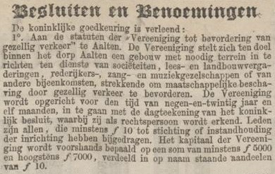 Goedkeuring statuten sociëteit Aalten - Algemeen Handelsblad, 19-02-1873