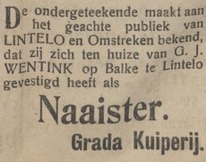 Grada Kuiperij, naaister - Balke, Lintelo - Aaltensche Courant, 30-07-1920