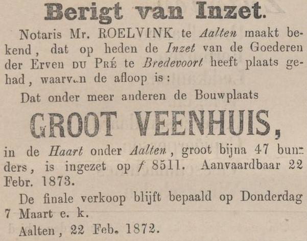 Groot Veenhuis, Haart - Zutphensche Courant, 24-02-1872