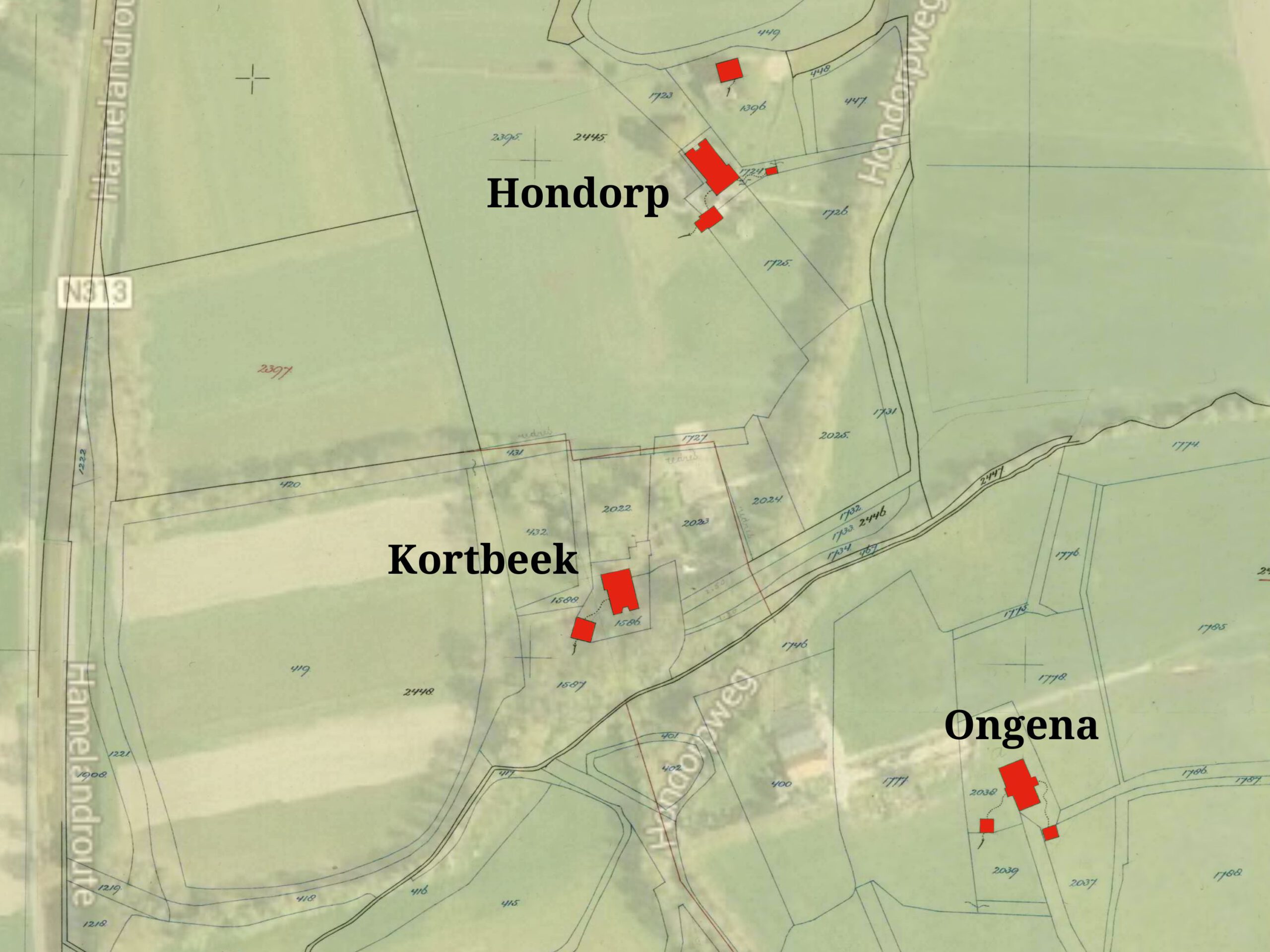 Hondorp, Kortbeek, Ongena - Projectie Google Maps op kadastrale kaart van 1939