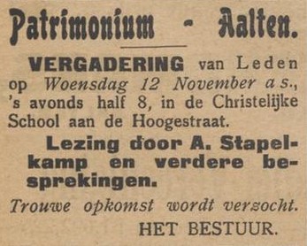 Lezing A. Stapelkamp, Patrimonium - Aaltensche Courant, 08-11-1913