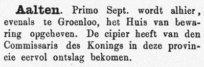 Opheffing Huis van Bewaring Aalten - Graafschapbode, 14-08-1886
