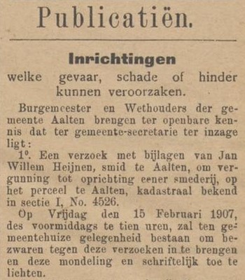 Smederij Heijnen, Dijkstraat - Aaltensche Courant, 09-02-1907