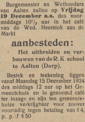 Uitbreiding St. Jozefschool - Nieuwe Aaltensche Courant, 12-12-1924