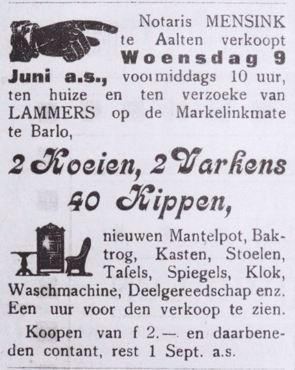 Advertentie Markelinkmate, Barlo, 1909