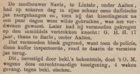 Diefstal jas, Lintelo - Zutphensche Courant, 03-06-1893