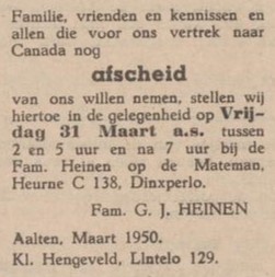 G.J. Heinen, Canada - Aaltensche Courant, 28-03-1950