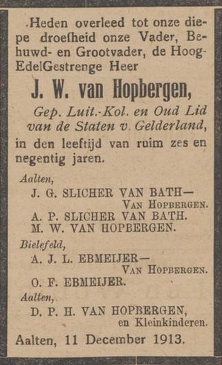 Overlijden J.W. van Hopbergen - Aaltensche Courant, 17-12-1913