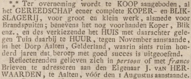 Koperslager Van Herwaarden, Aalten - Opregte Haarlemsche Courant, 13-06-1846